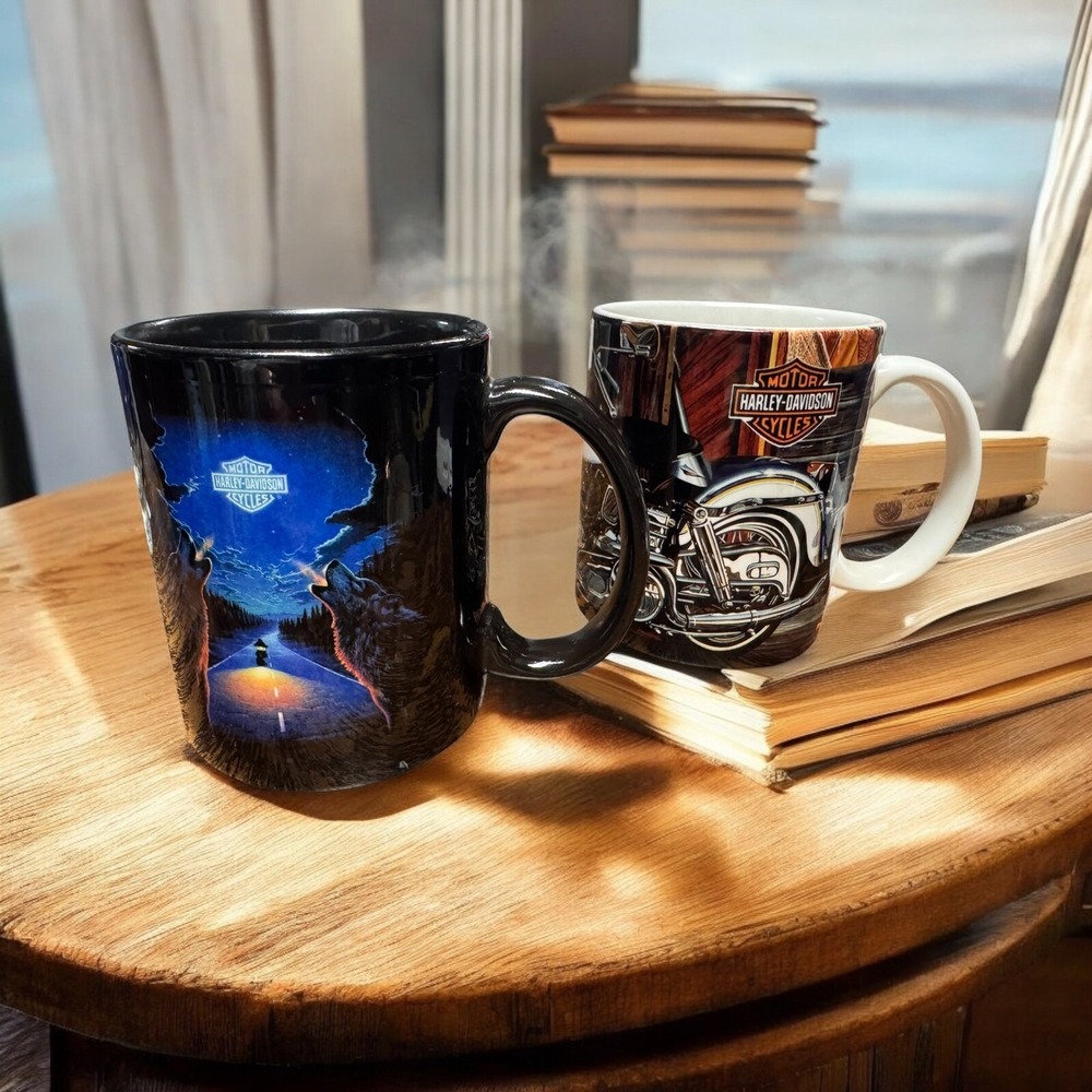 2 Harley Davidson Coffee Mug Cup Motorcycle Bike Hog & Wolf Raised Logo In Cups